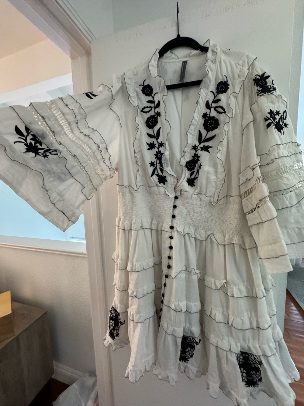 Anthropologie White Mini Dress with Black Floral Embroidery and Ruffled Tiers - Picture 3 of 7